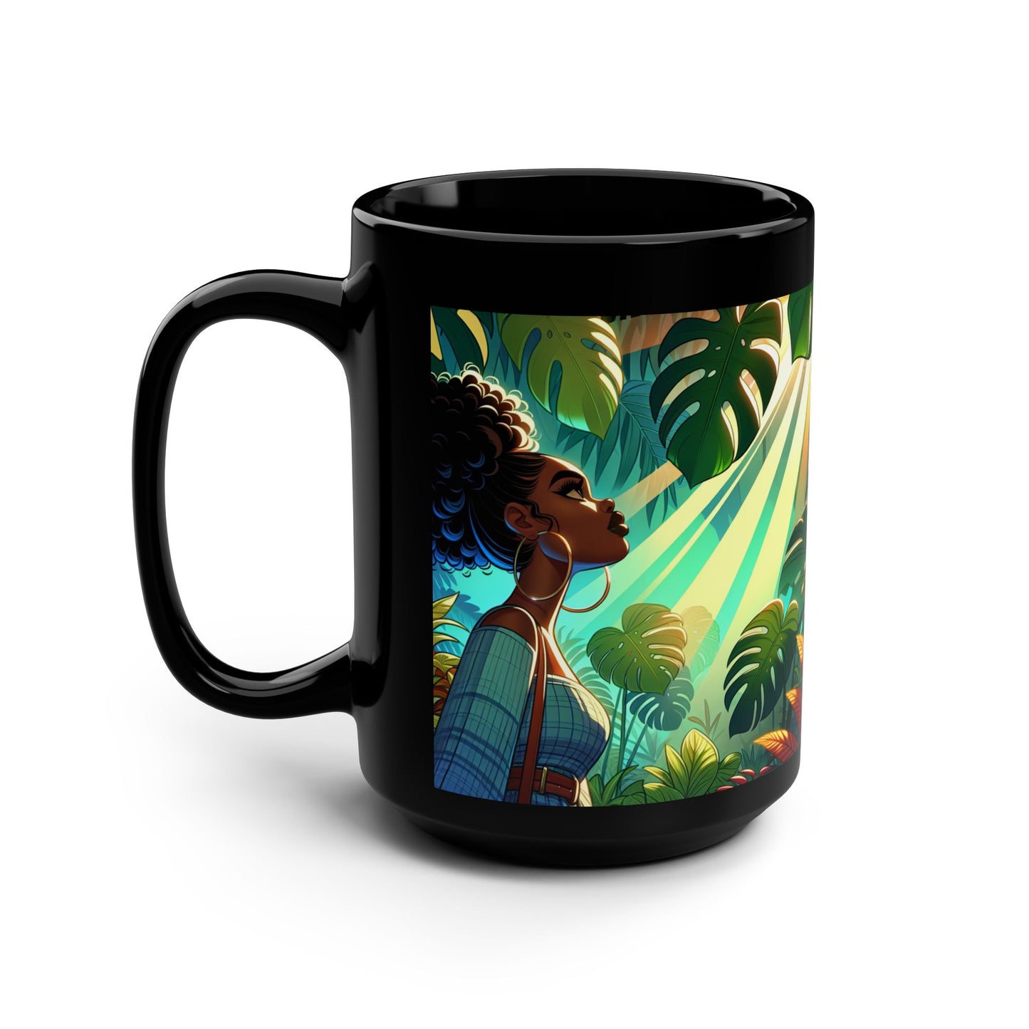 Vibrant Tropical Black Mug, 15oz - Ideal for Coffee Lovers, Gift for Her, Home Decor, Tropical Vibes, Unique Art Coffee Cup