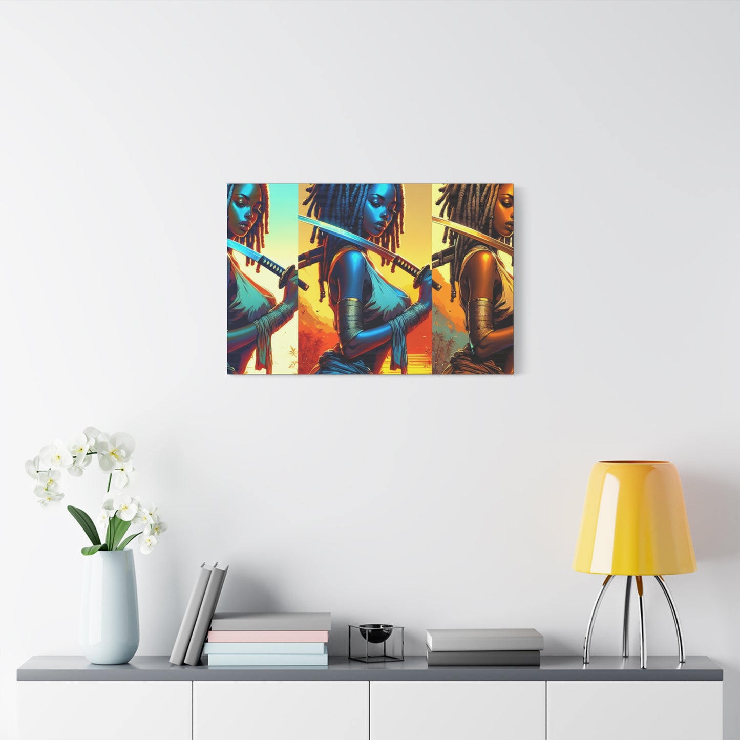 Vibrant Art Canvas Print, Warrior Woman Wall Decor, Home Decoration, Unique Gift, Bohemian Style, Bold Artwork anime