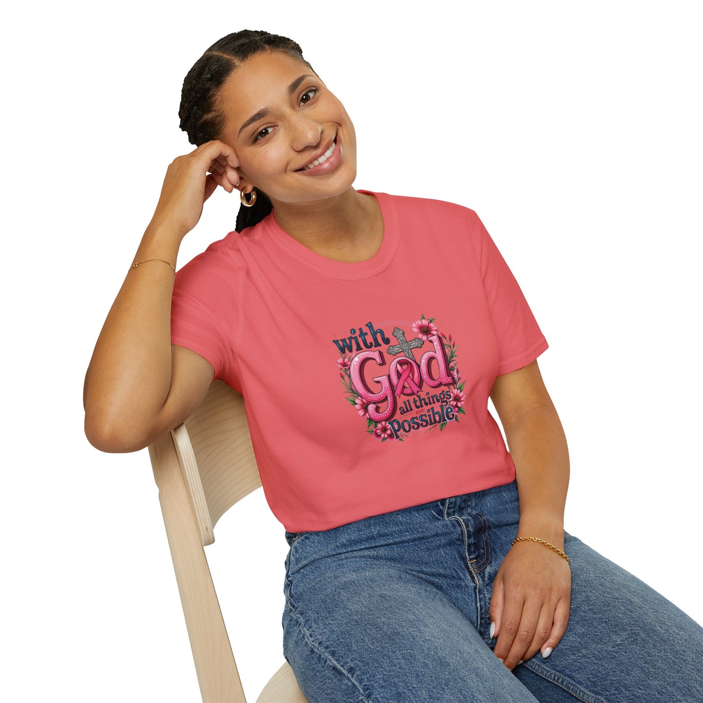 Inspirational Floral T-Shirt - 'With God, All Things Possible', Faith Apparel, Breast Cancer Awareness