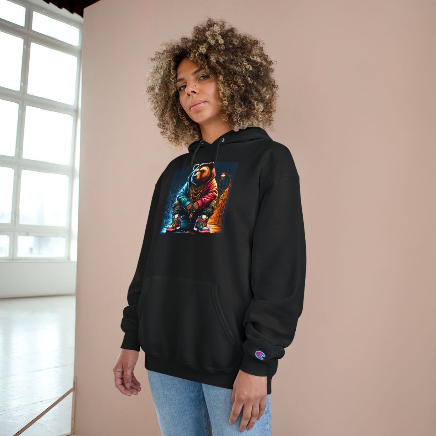 Bear Hoodie, Urban Pop Art Design - Champion Hoodie Sweatshirt, Street Style Winter Wear, Animal Lover Gift, Hipster Clothing, Graphic