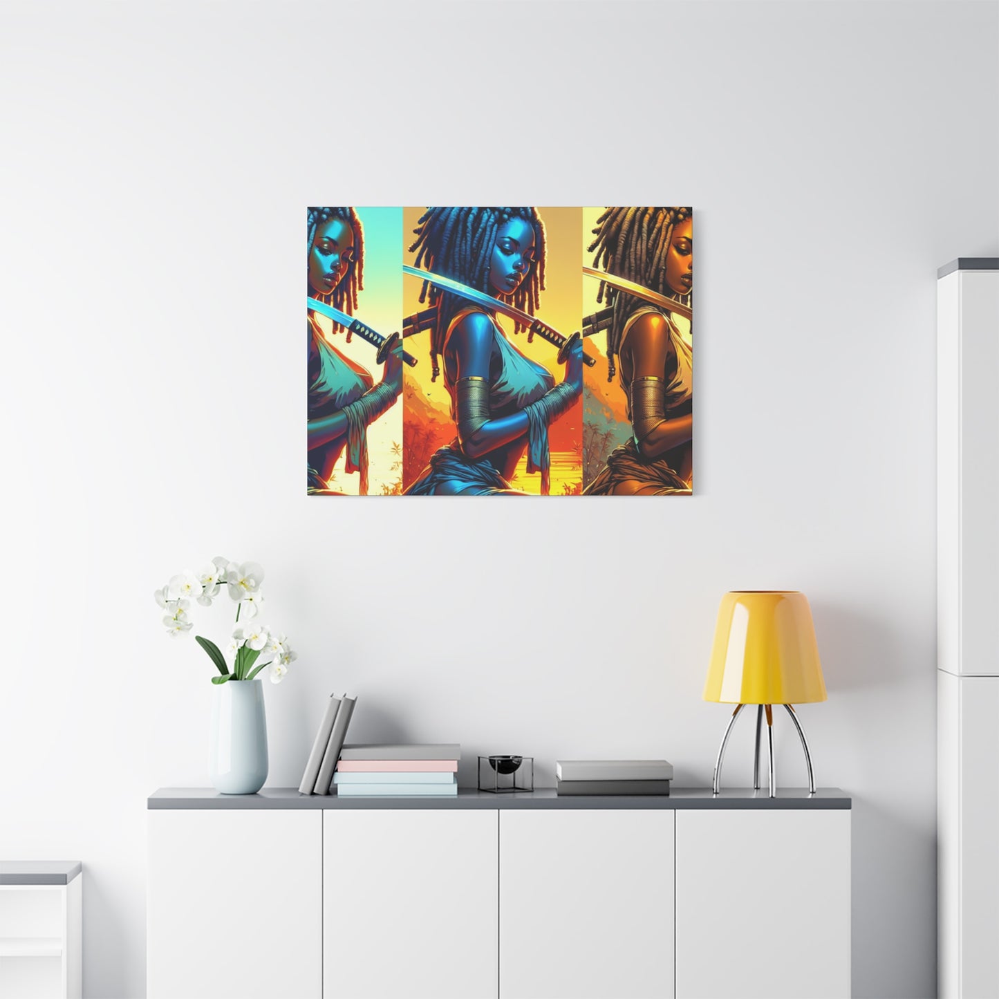 Vibrant Art Canvas Print, Warrior Woman Wall Decor, Home Decoration, Unique Gift, Bohemian Style, Bold Artwork anime