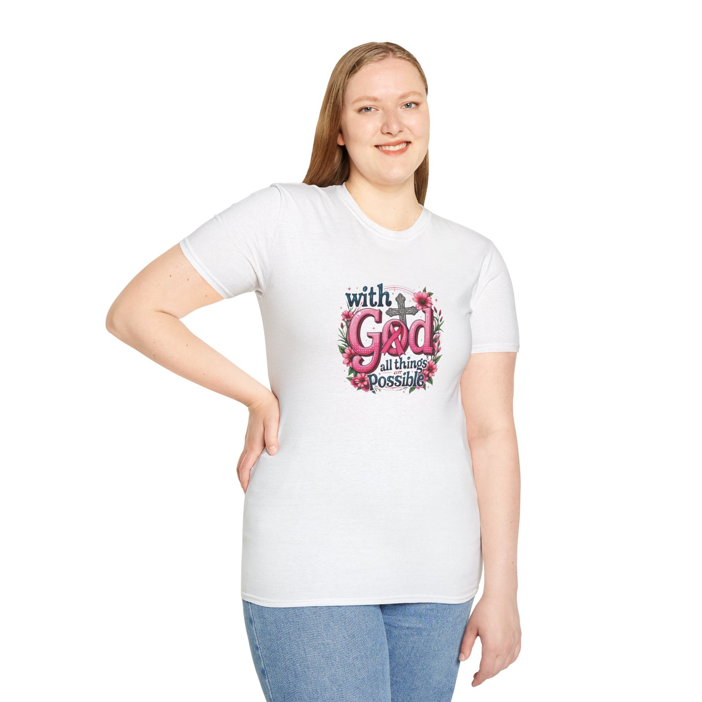 Inspirational Floral T-Shirt - 'With God, All Things Possible', Faith Apparel, Breast Cancer Awareness