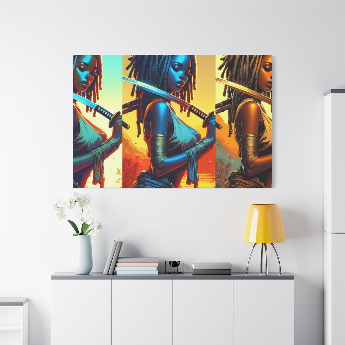 Vibrant Art Canvas Print, Warrior Woman Wall Decor, Home Decoration, Unique Gift, Bohemian Style, Bold Artwork anime