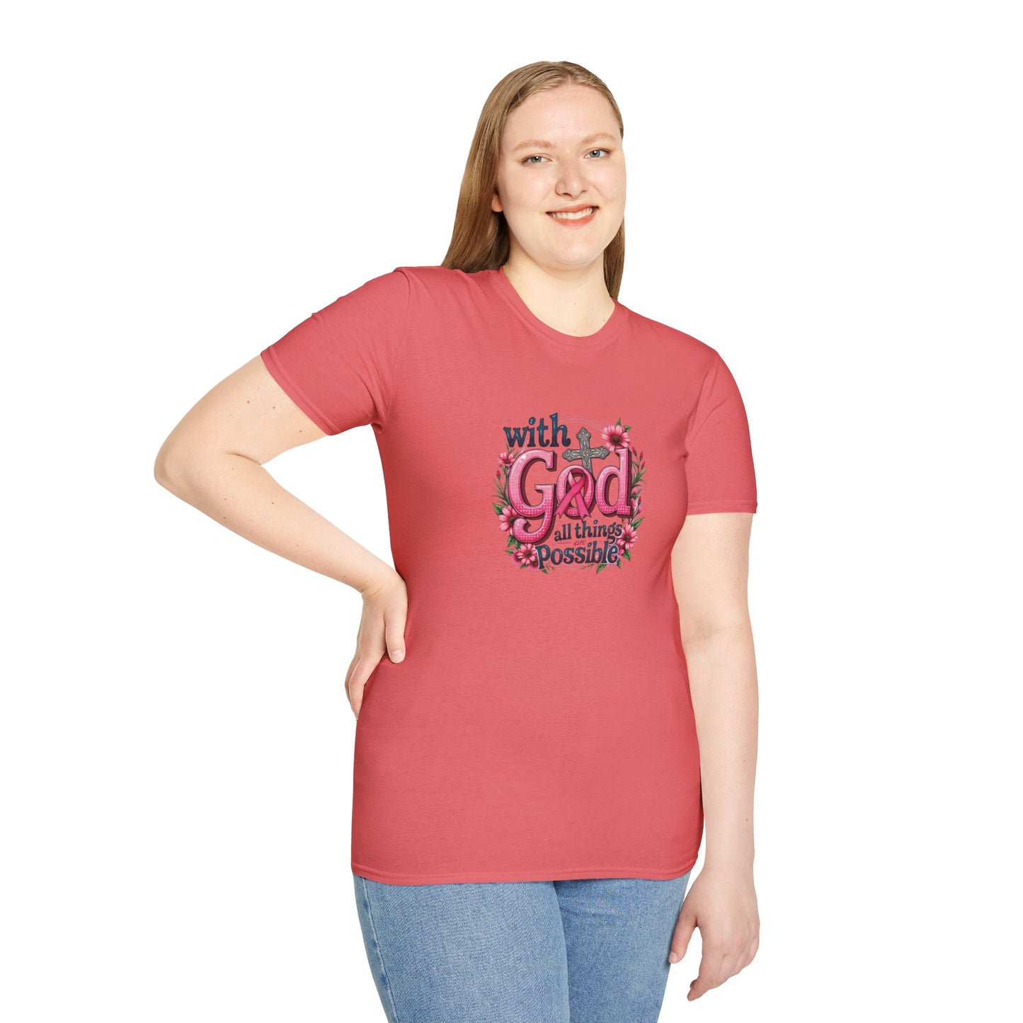 Inspirational Floral T-Shirt - 'With God, All Things Possible', Faith Apparel, Breast Cancer Awareness