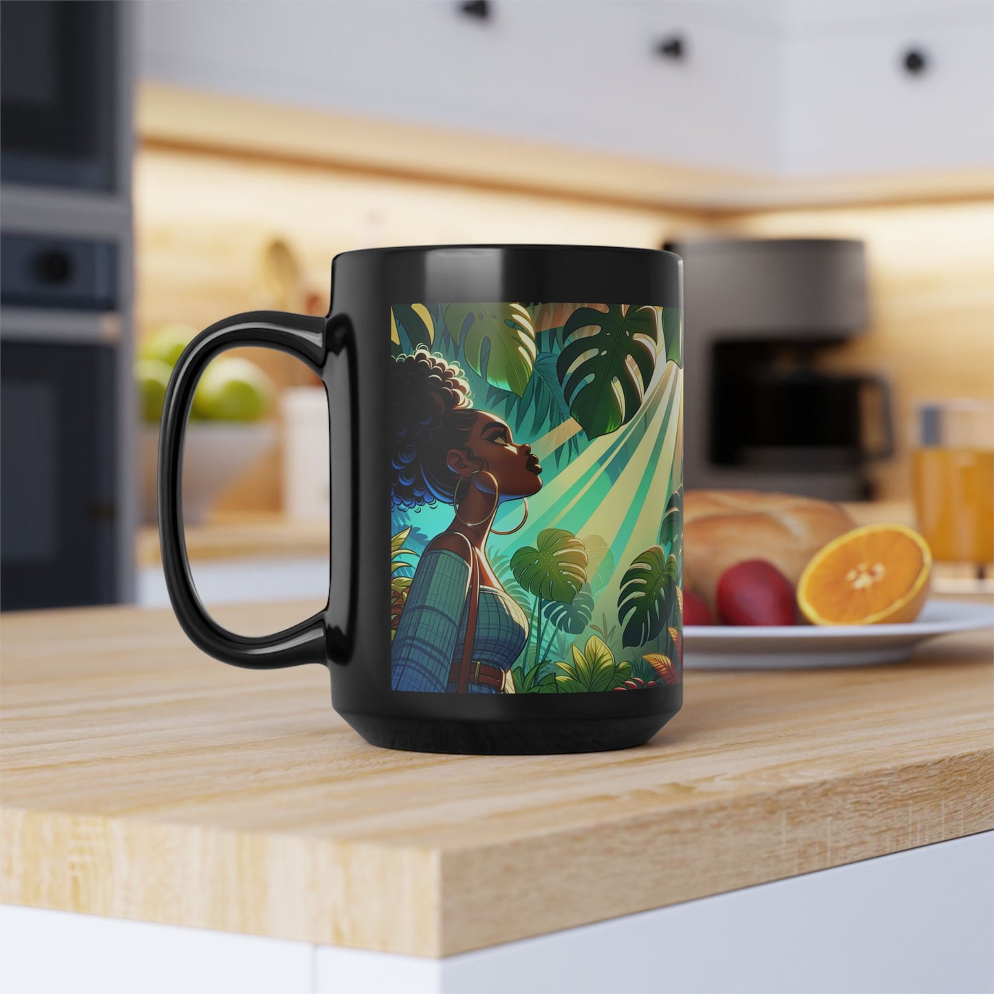 Vibrant Tropical Black Mug, 15oz - Ideal for Coffee Lovers, Gift for Her, Home Decor, Tropical Vibes, Unique Art Coffee Cup