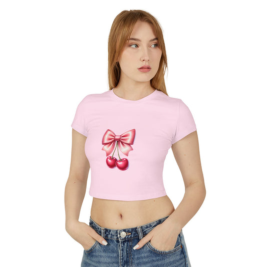 Cherry Bow Women's Baby Tee - Cute Casual Top, Summer Shirt, Gift for Friends, Retro Style, Floral Vibes