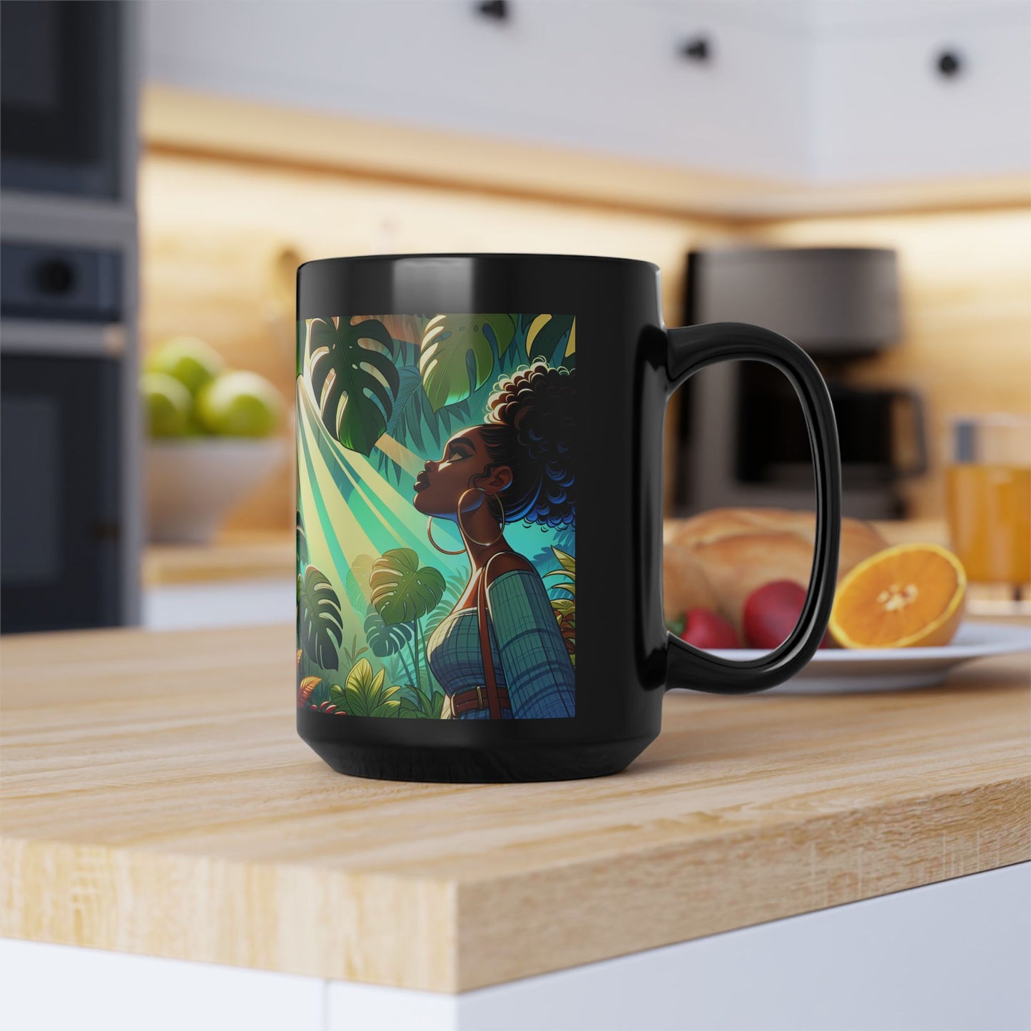 Vibrant Tropical Black Mug, 15oz - Ideal for Coffee Lovers, Gift for Her, Home Decor, Tropical Vibes, Unique Art Coffee Cup