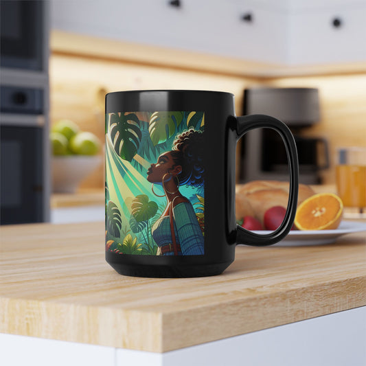 Vibrant Tropical Black Mug, 15oz - Ideal for Coffee Lovers, Gift for Her, Home Decor, Tropical Vibes, Unique Art Coffee Cup