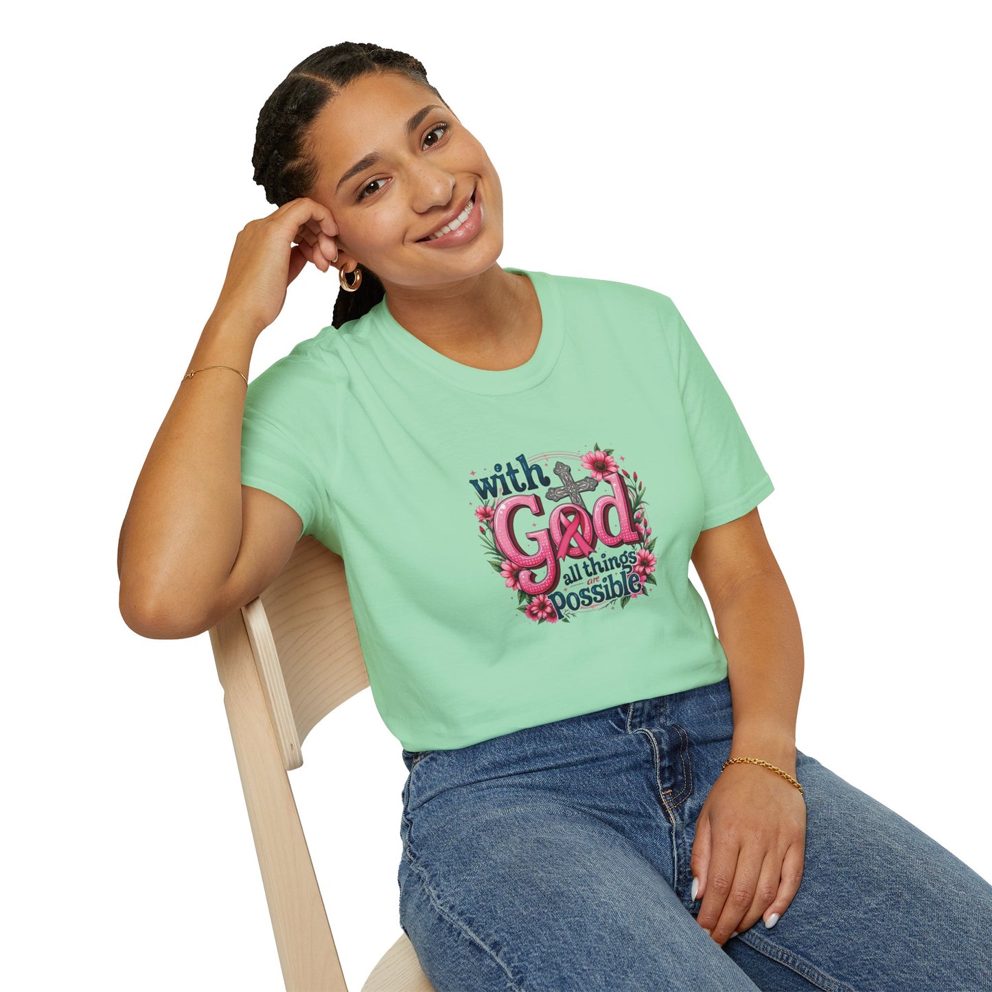 Inspirational Floral T-Shirt - 'With God, All Things Possible', Faith Apparel, Breast Cancer Awareness