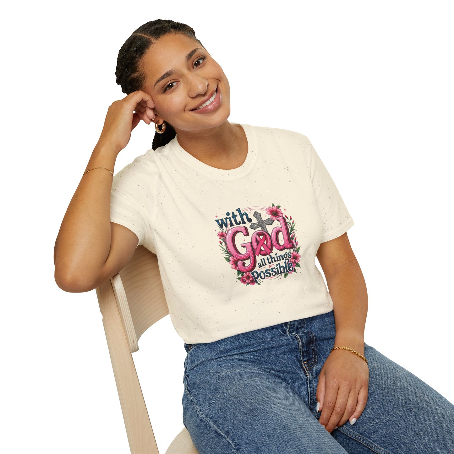Inspirational Floral T-Shirt - 'With God, All Things Possible', Faith Apparel, Breast Cancer Awareness