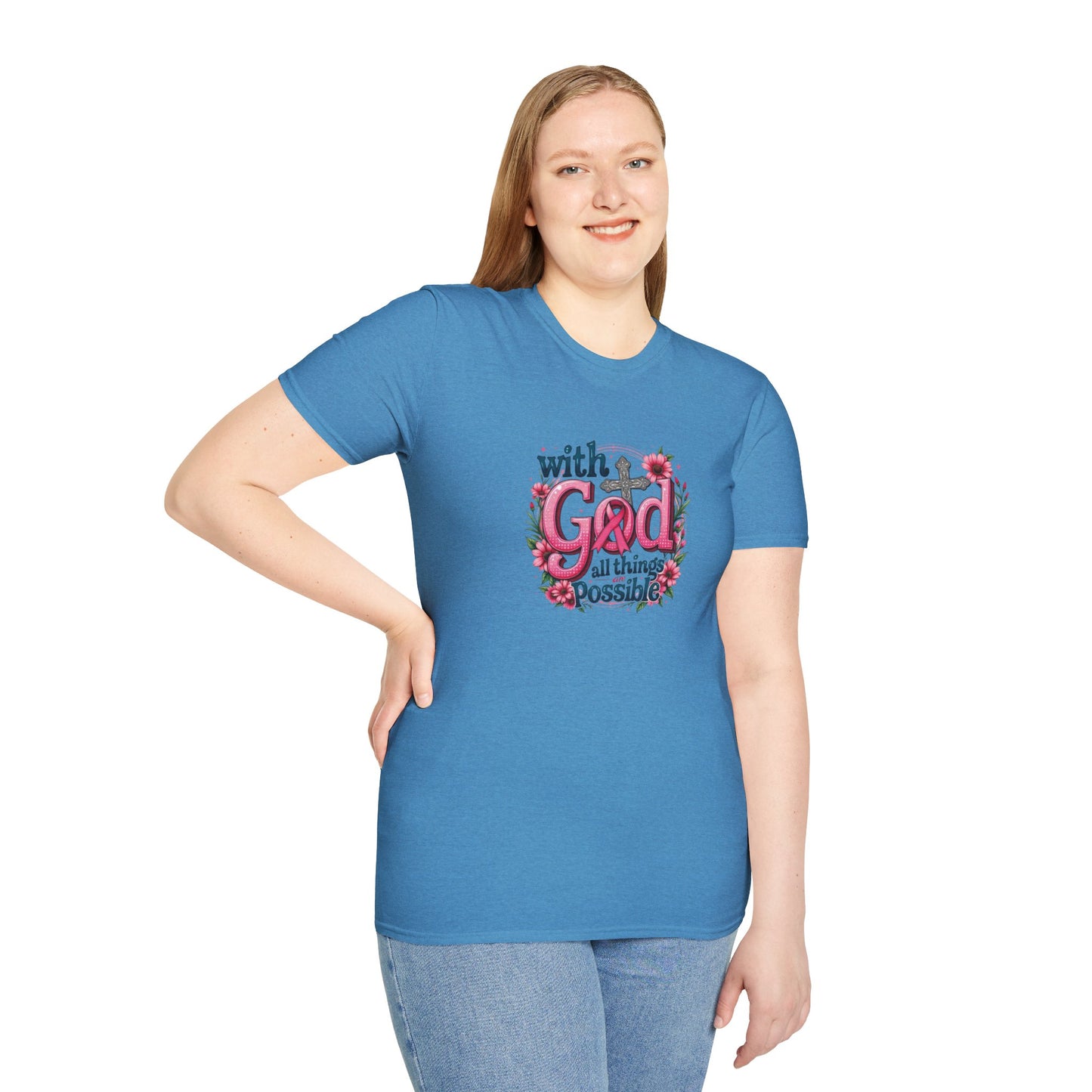 Inspirational Floral T-Shirt - 'With God, All Things Possible', Faith Apparel, Breast Cancer Awareness