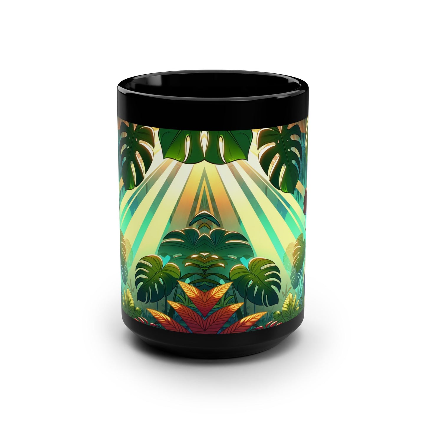 Vibrant Tropical Black Mug, 15oz - Ideal for Coffee Lovers, Gift for Her, Home Decor, Tropical Vibes, Unique Art Coffee Cup