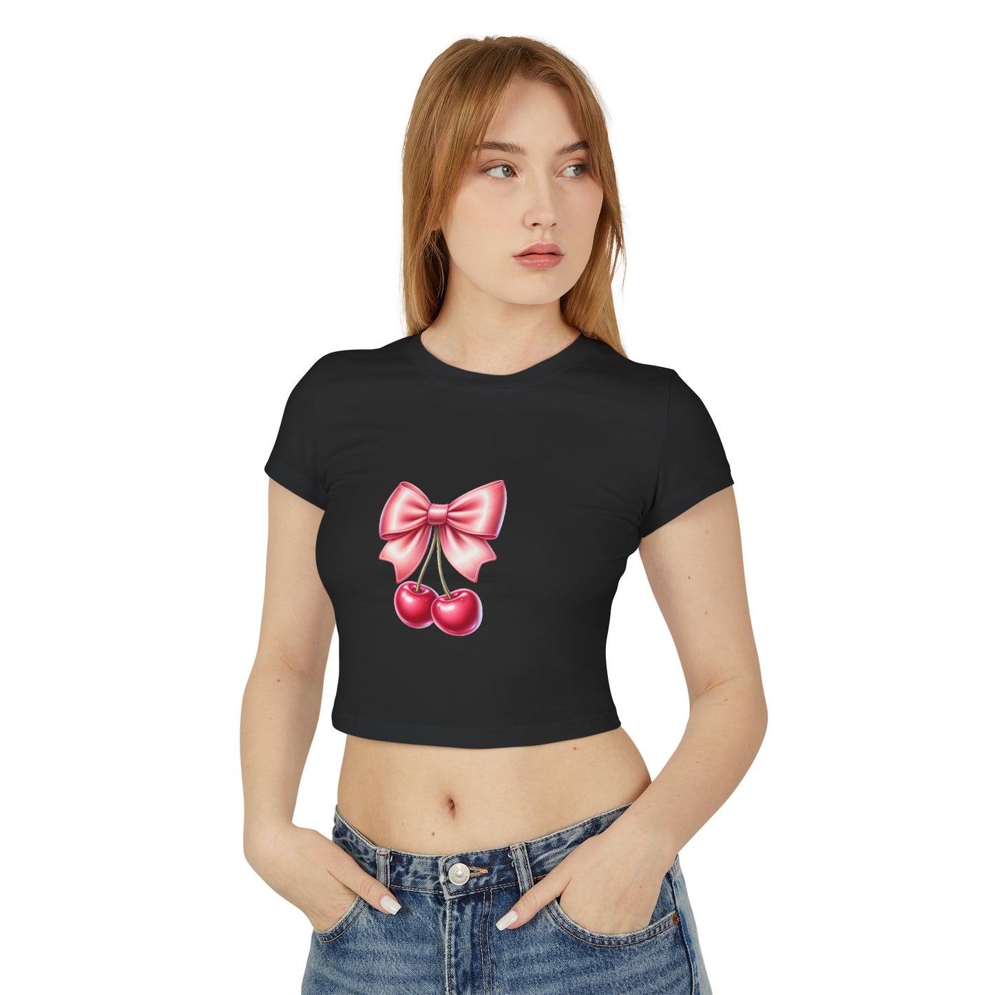 Cherry Bow Women's Baby Tee - Cute Casual Top, Summer Shirt, Gift for Friends, Retro Style, Floral Vibes