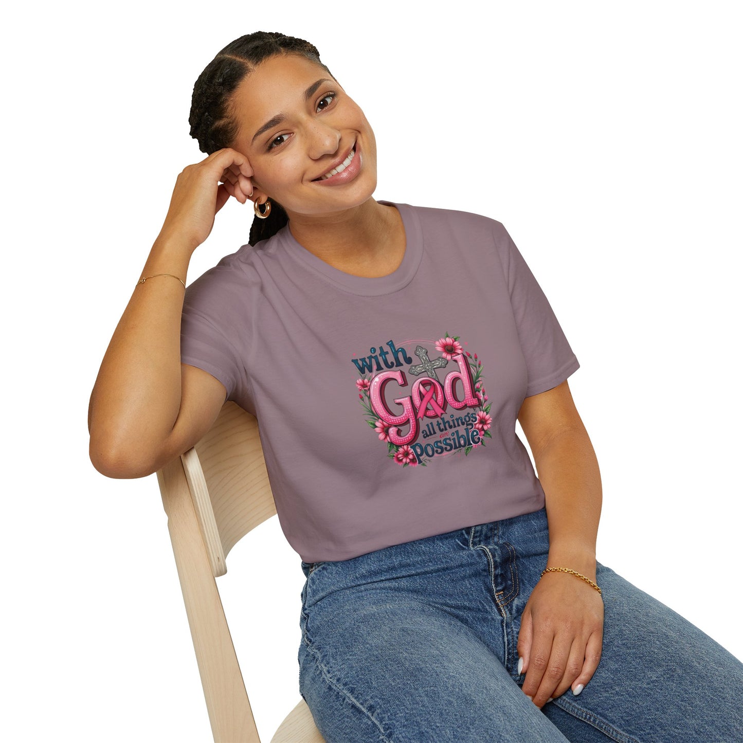 Inspirational Floral T-Shirt - 'With God, All Things Possible', Faith Apparel, Breast Cancer Awareness