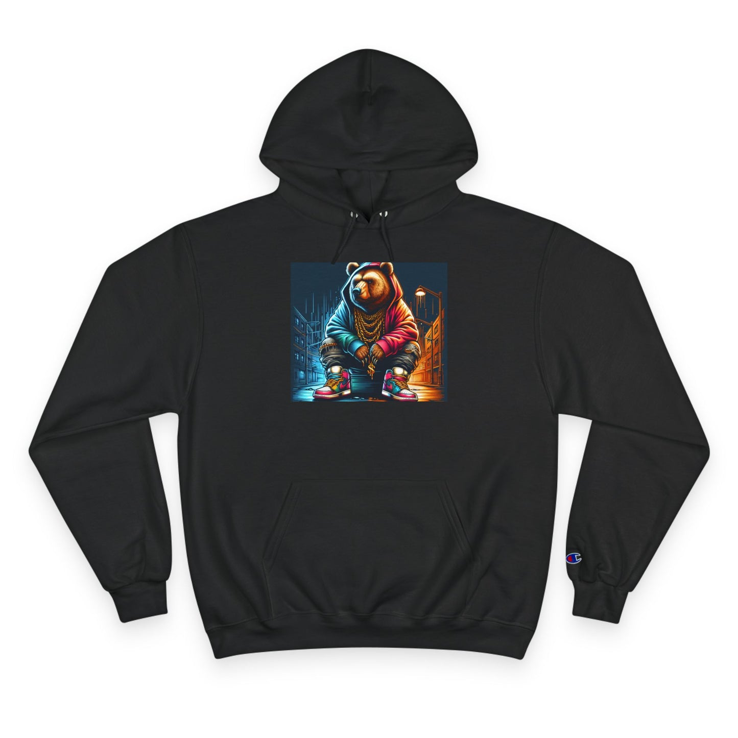 Bear Hoodie, Urban Pop Art Design - Champion Hoodie Sweatshirt, Street Style Winter Wear, Animal Lover Gift, Hipster Clothing, Graphic