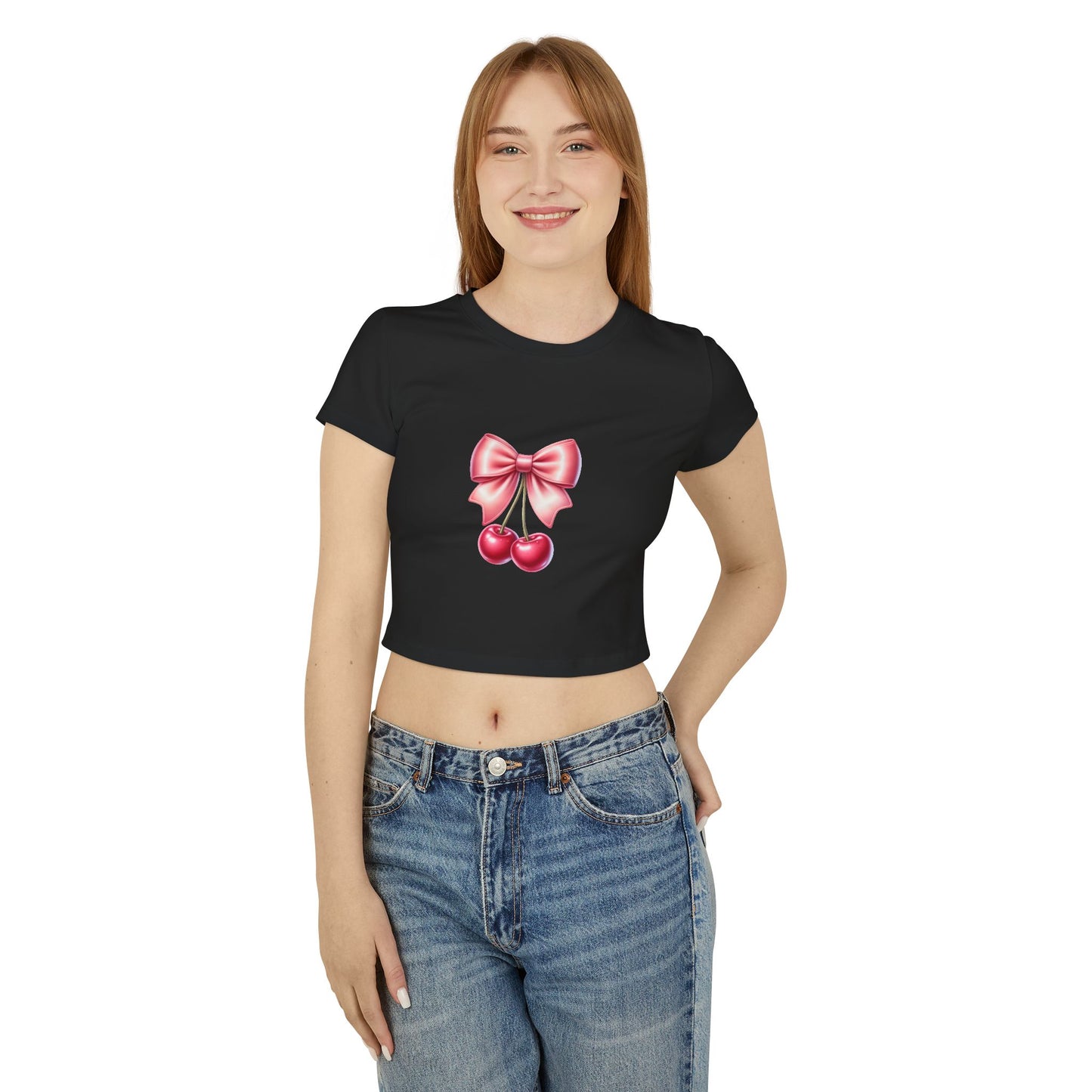 Cherry Bow Women's Baby Tee - Cute Casual Top, Summer Shirt, Gift for Friends, Retro Style, Floral Vibes