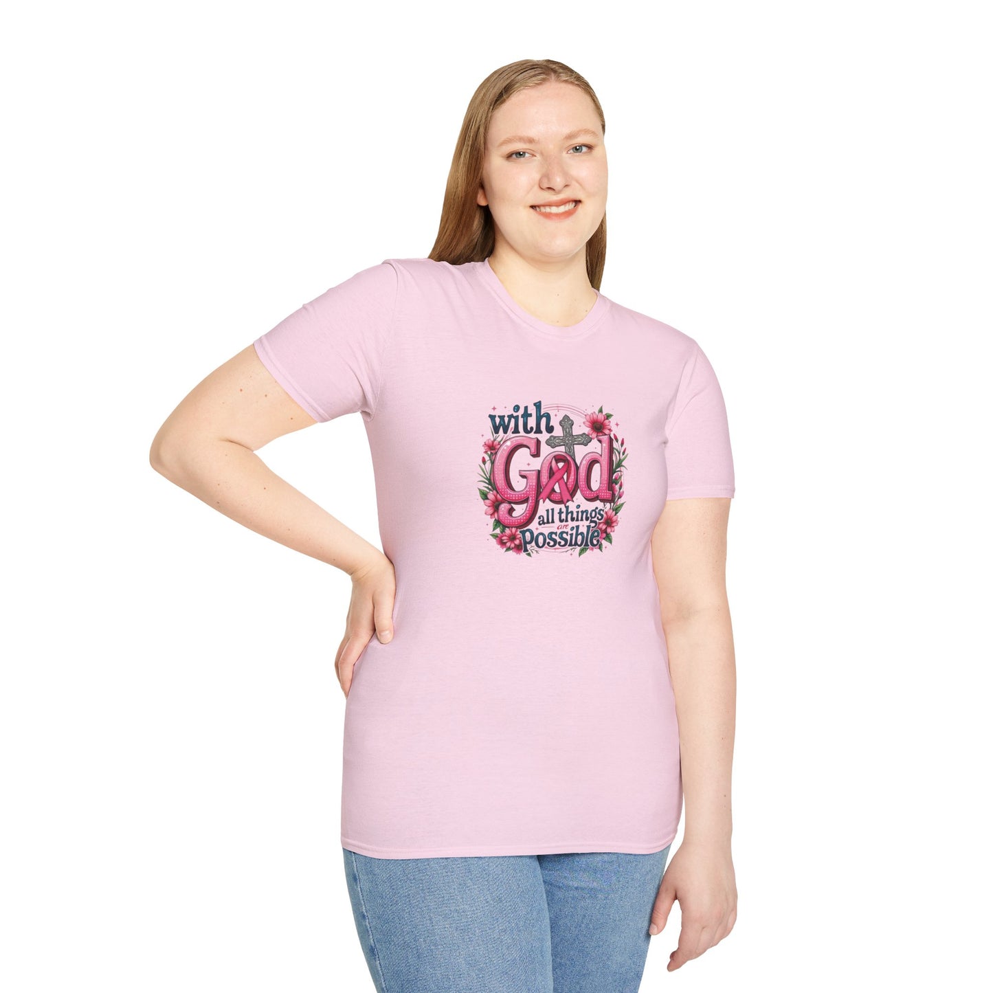 Inspirational Floral T-Shirt - 'With God, All Things Possible', Faith Apparel, Breast Cancer Awareness