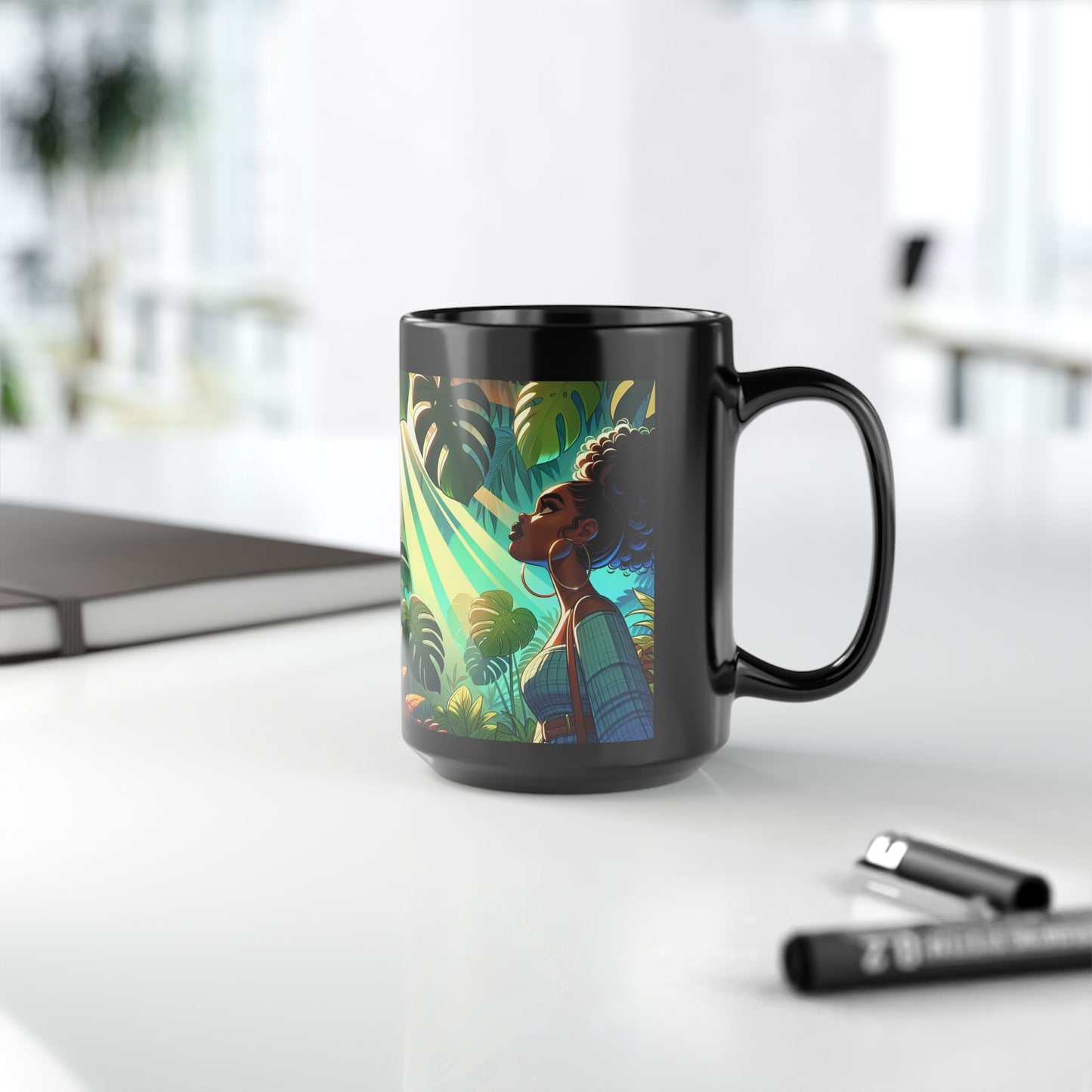 Vibrant Tropical Black Mug, 15oz - Ideal for Coffee Lovers, Gift for Her, Home Decor, Tropical Vibes, Unique Art Coffee Cup