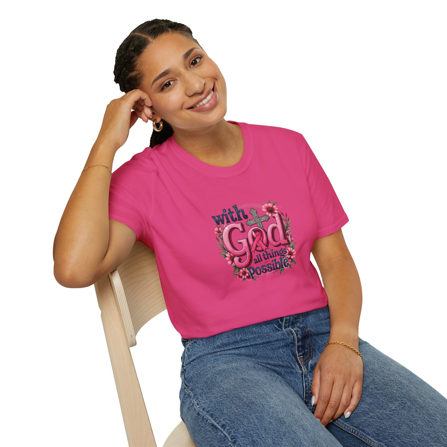 Inspirational Floral T-Shirt - 'With God, All Things Possible', Faith Apparel, Breast Cancer Awareness