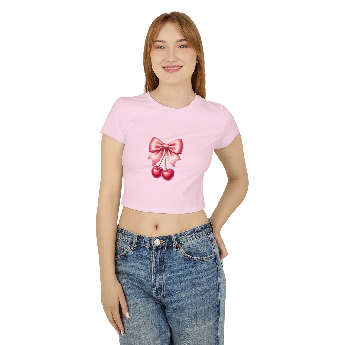 Cherry Bow Women's Baby Tee - Cute Casual Top, Summer Shirt, Gift for Friends, Retro Style, Floral Vibes