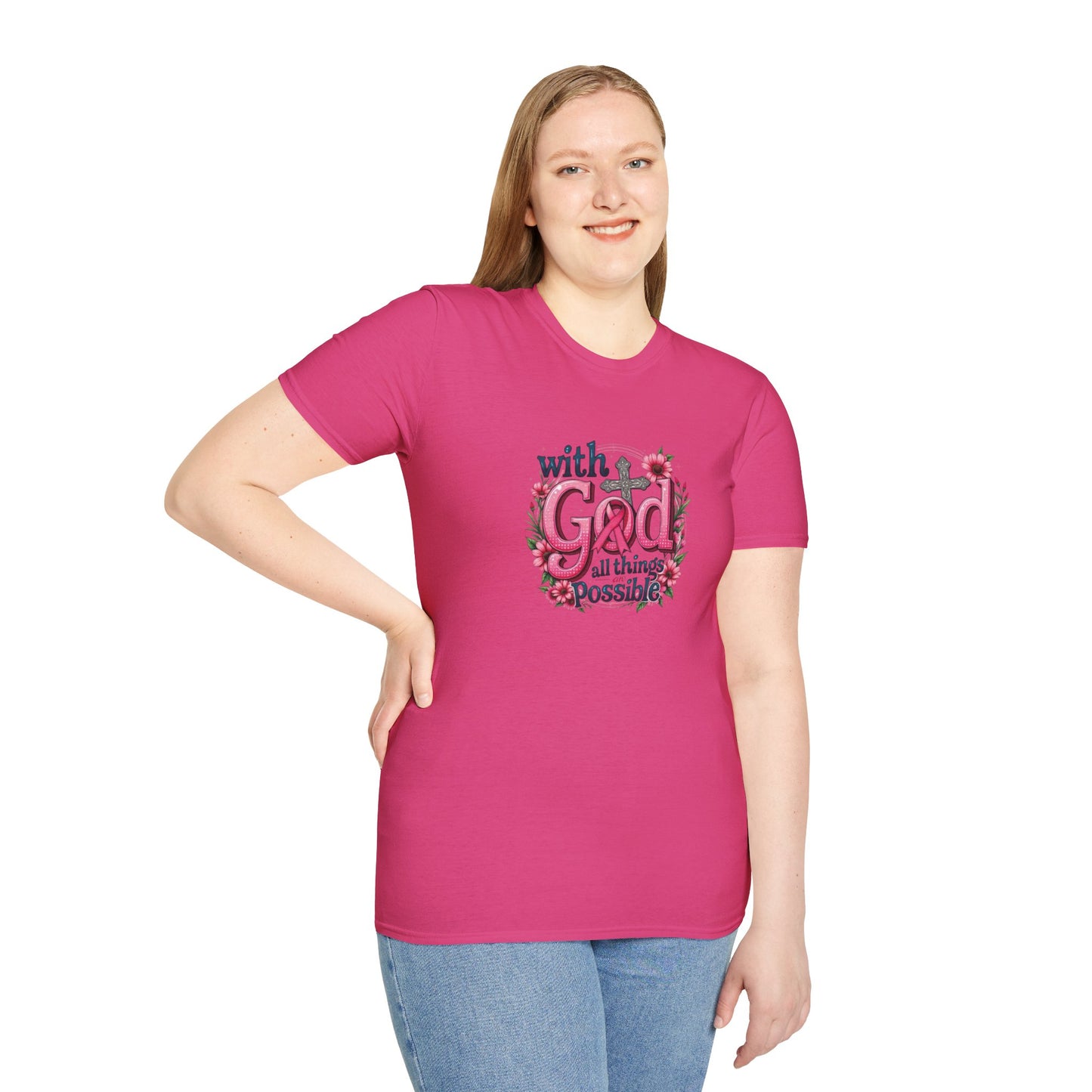 Inspirational Floral T-Shirt - 'With God, All Things Possible', Faith Apparel, Breast Cancer Awareness