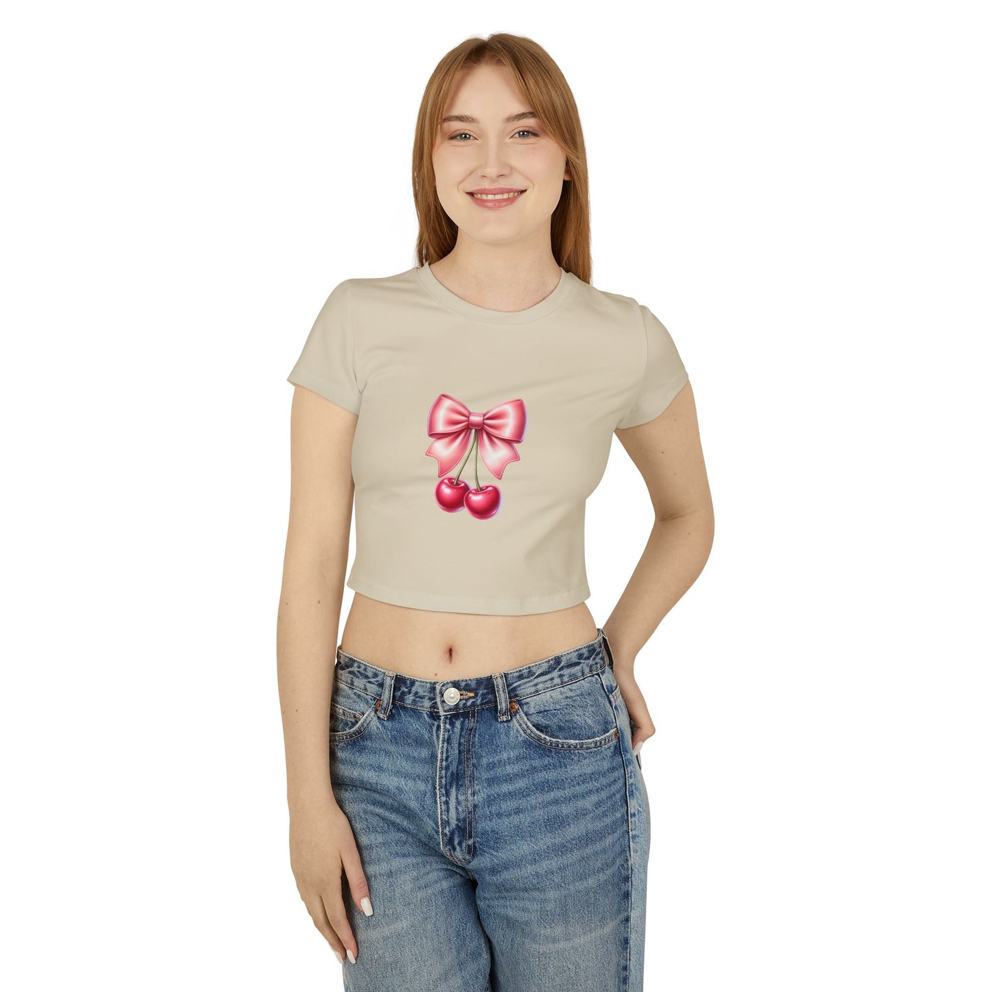Cherry Bow Women's Baby Tee - Cute Casual Top, Summer Shirt, Gift for Friends, Retro Style, Floral Vibes