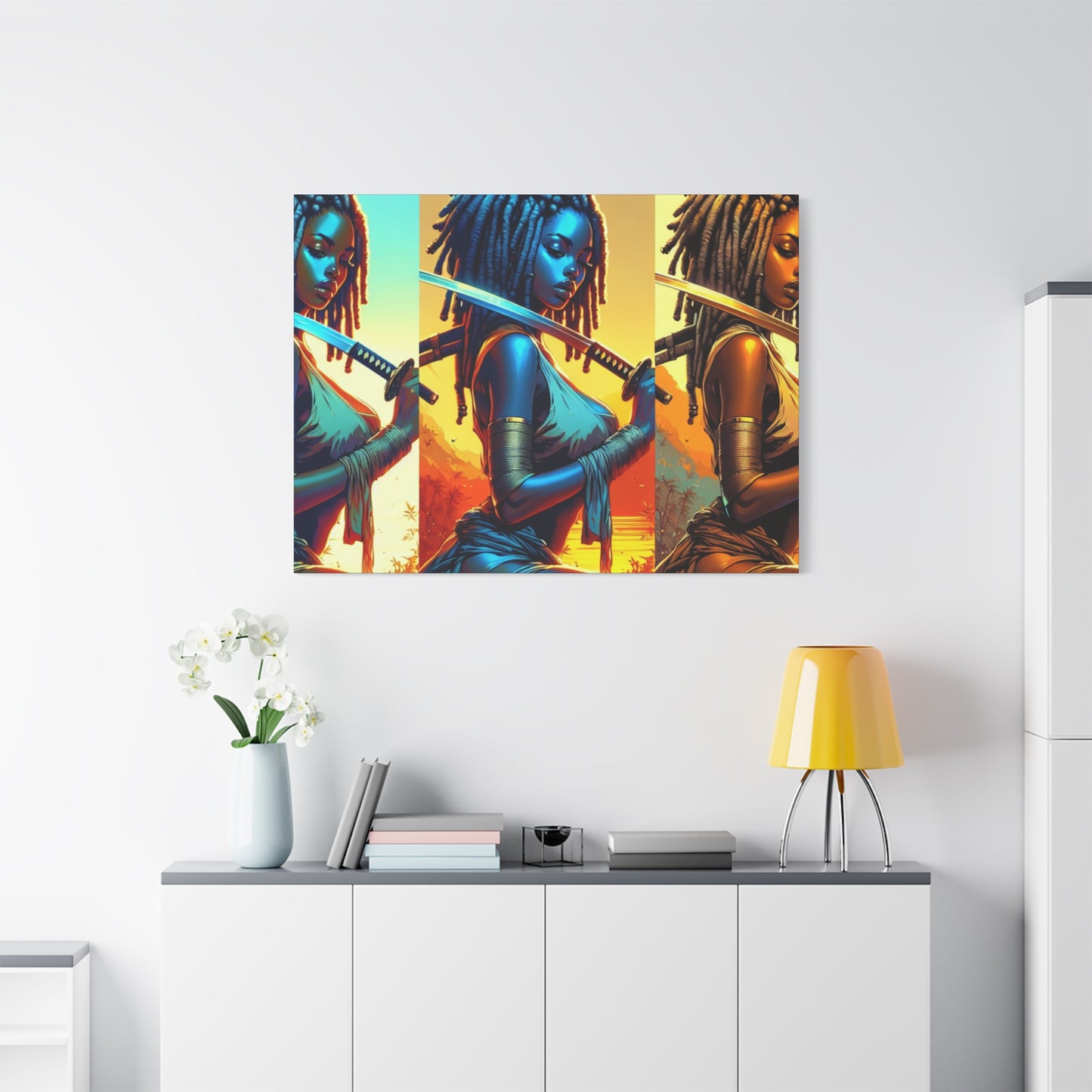 Vibrant Art Canvas Print, Warrior Woman Wall Decor, Home Decoration, Unique Gift, Bohemian Style, Bold Artwork anime