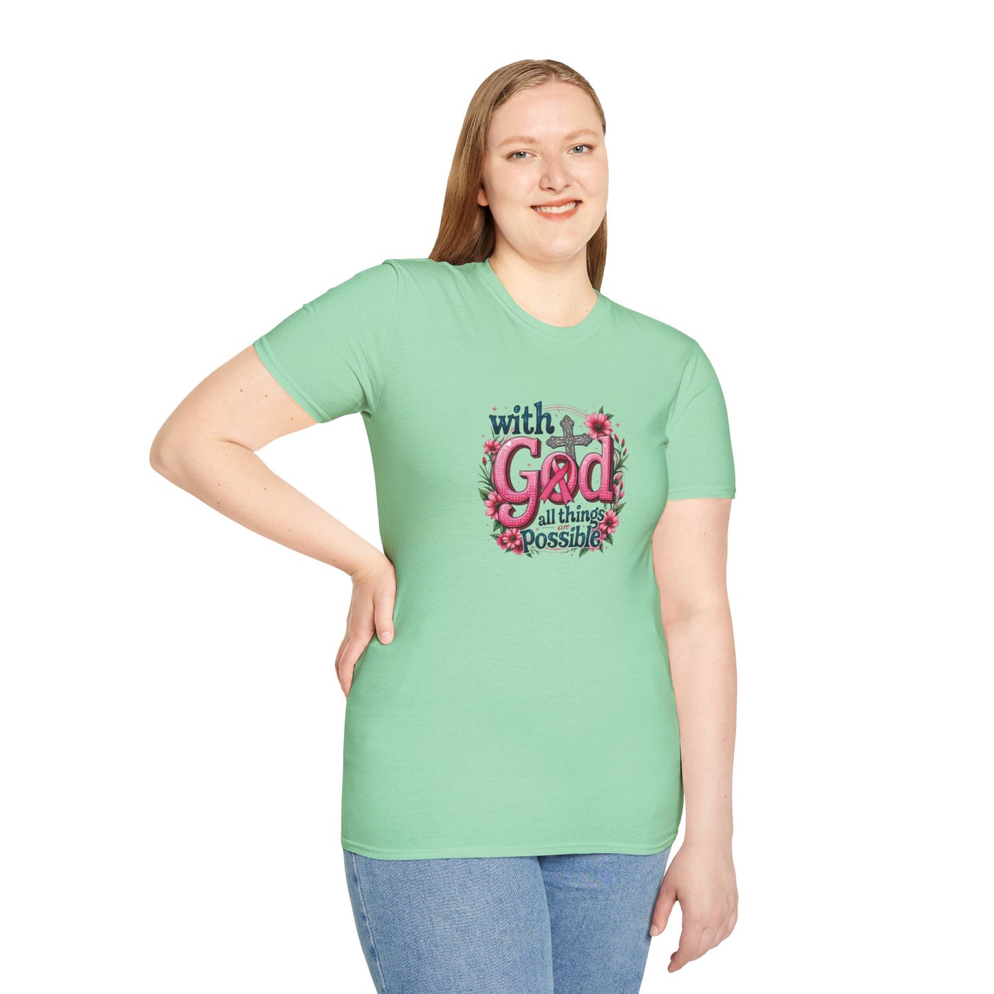 Inspirational Floral T-Shirt - 'With God, All Things Possible', Faith Apparel, Breast Cancer Awareness