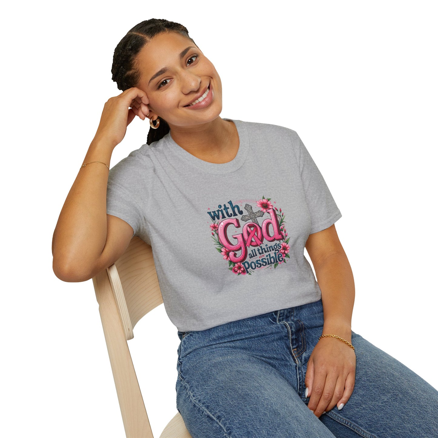 Inspirational Floral T-Shirt - 'With God, All Things Possible', Faith Apparel, Breast Cancer Awareness