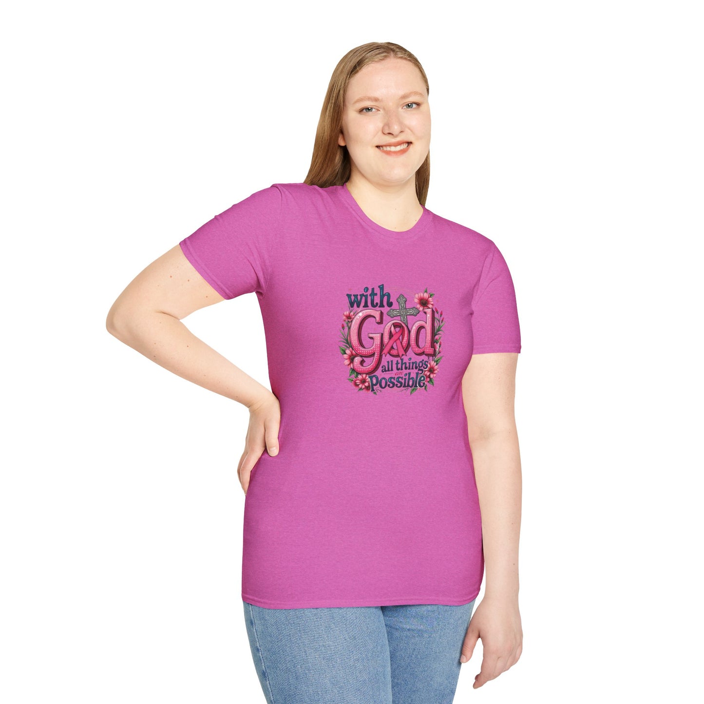 Inspirational Floral T-Shirt - 'With God, All Things Possible', Faith Apparel, Breast Cancer Awareness