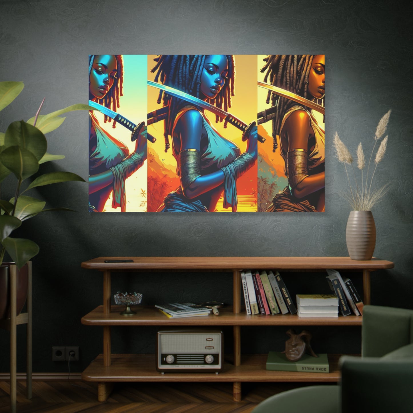 Vibrant Art Canvas Print, Warrior Woman Wall Decor, Home Decoration, Unique Gift, Bohemian Style, Bold Artwork anime