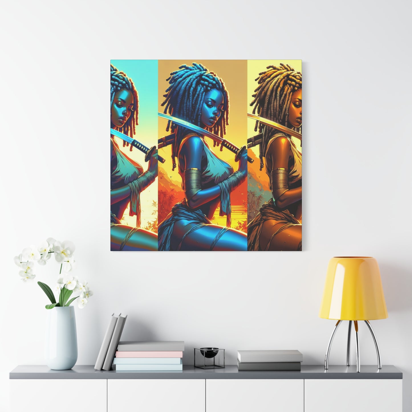 Vibrant Art Canvas Print, Warrior Woman Wall Decor, Home Decoration, Unique Gift, Bohemian Style, Bold Artwork anime