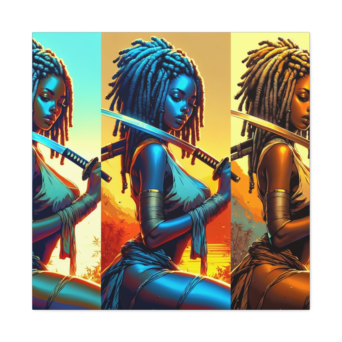 Vibrant Art Canvas Print, Warrior Woman Wall Decor, Home Decoration, Unique Gift, Bohemian Style, Bold Artwork anime