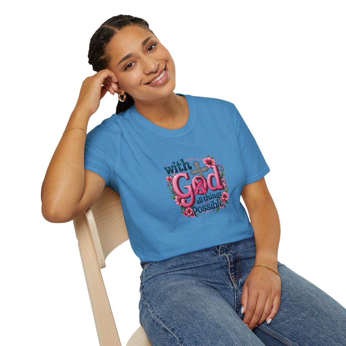 Inspirational Floral T-Shirt - 'With God, All Things Possible', Faith Apparel, Breast Cancer Awareness