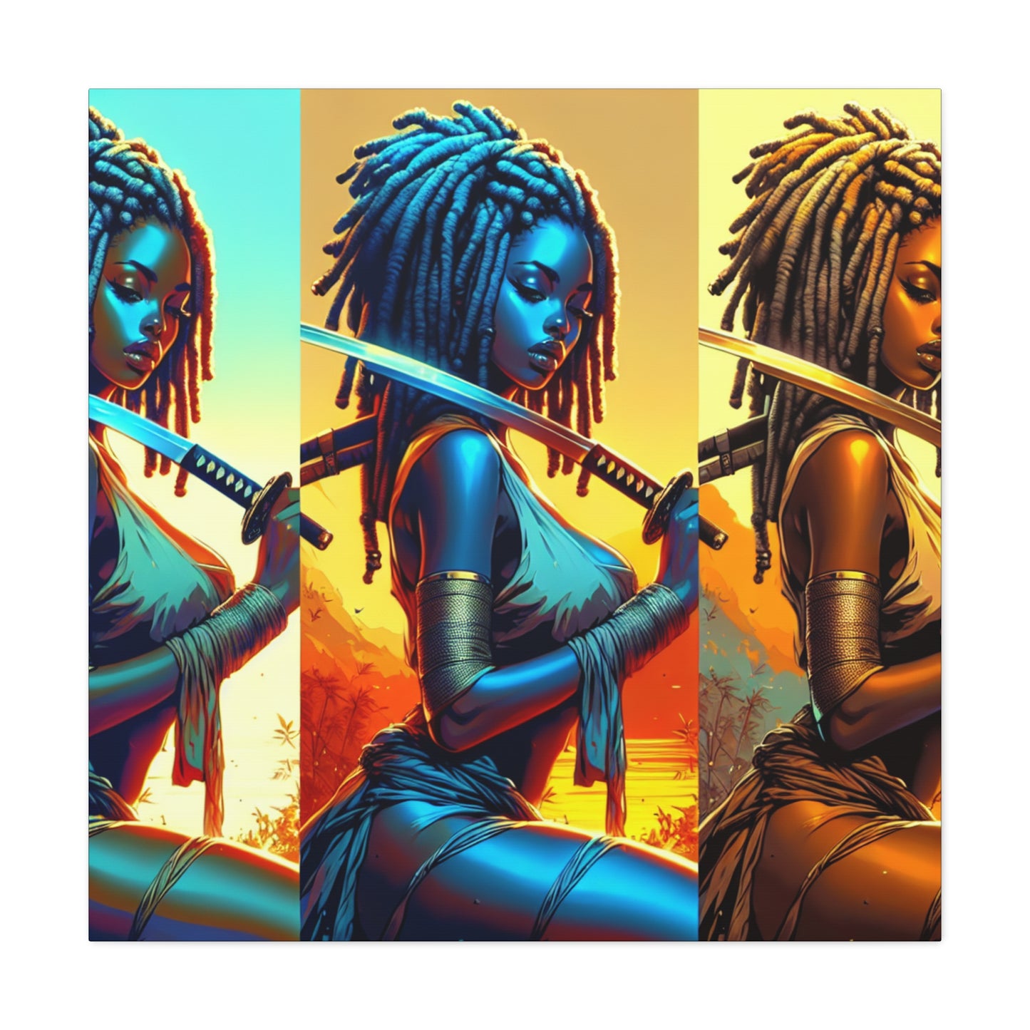 Vibrant Art Canvas Print, Warrior Woman Wall Decor, Home Decoration, Unique Gift, Bohemian Style, Bold Artwork anime