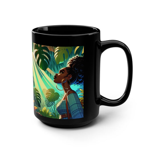 Vibrant Tropical Black Mug, 15oz - Ideal for Coffee Lovers, Gift for Her, Home Decor, Tropical Vibes, Unique Art Coffee Cup