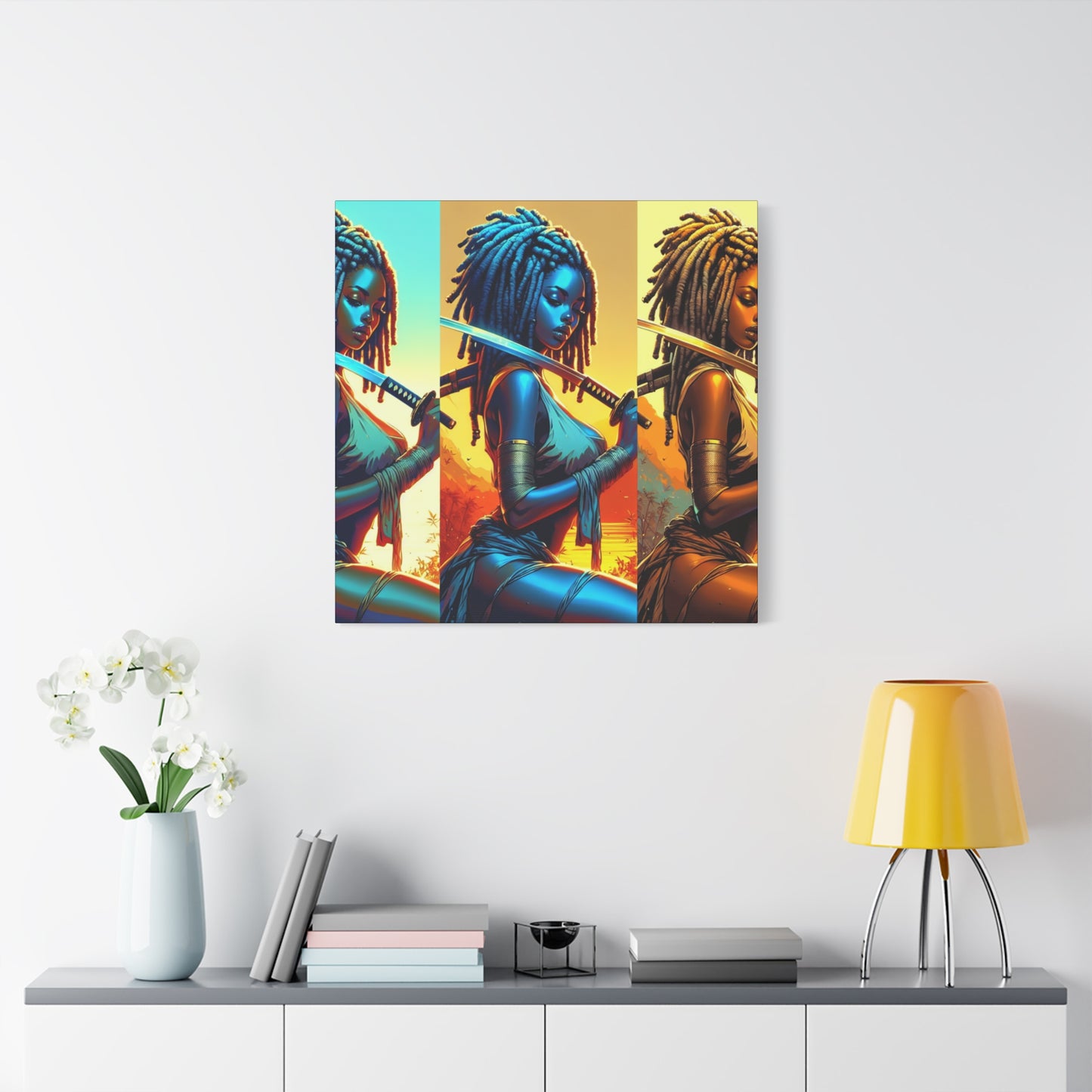 Vibrant Art Canvas Print, Warrior Woman Wall Decor, Home Decoration, Unique Gift, Bohemian Style, Bold Artwork anime