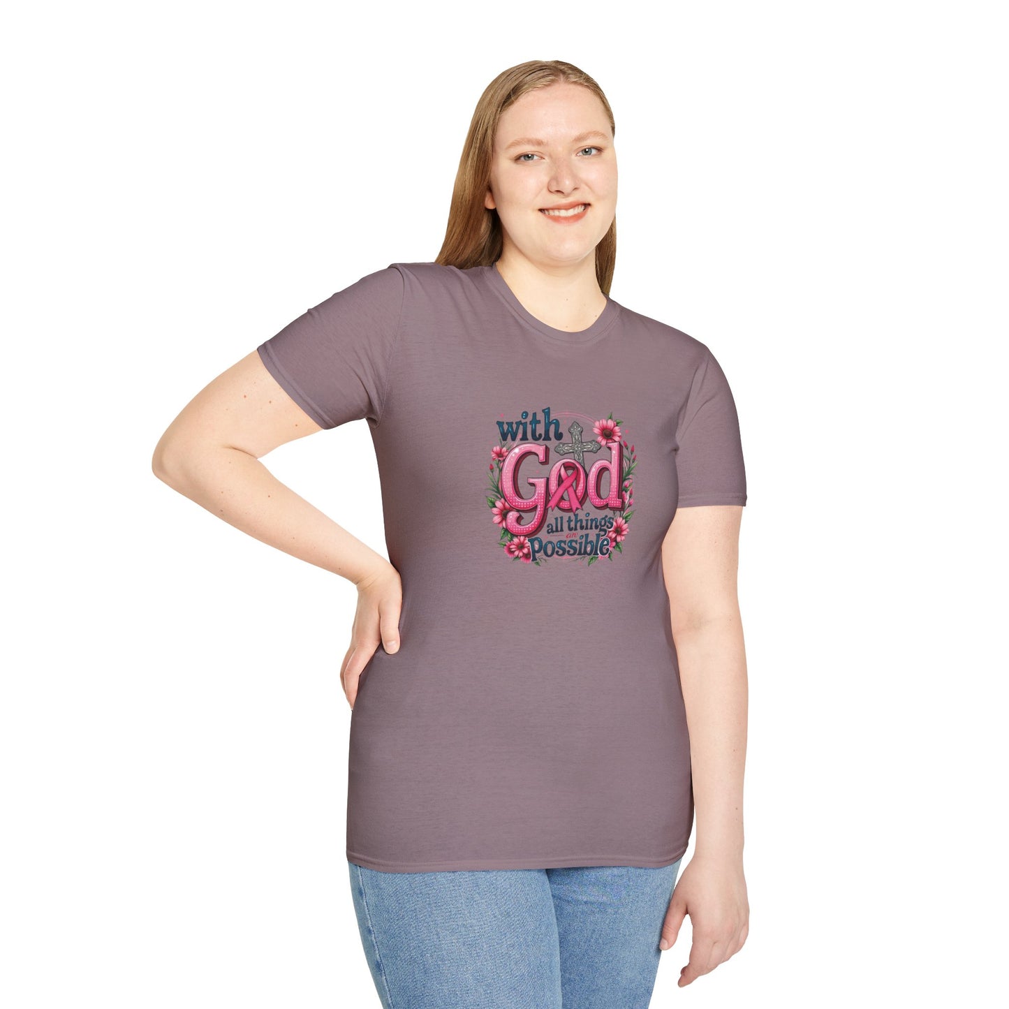 Inspirational Floral T-Shirt - 'With God, All Things Possible', Faith Apparel, Breast Cancer Awareness