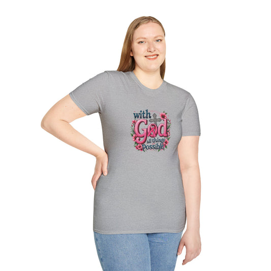 Inspirational Floral T-Shirt - 'With God, All Things Possible', Faith Apparel, Breast Cancer Awareness